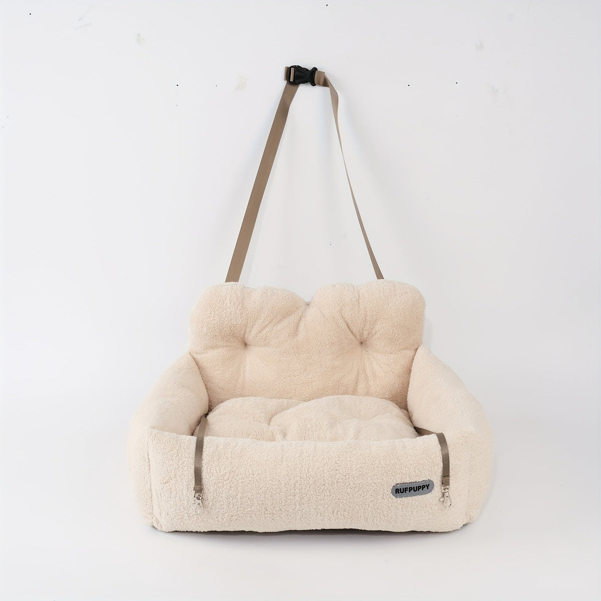 Cozy Plush Dog Car Seat Booster - Safe Portable Polyester Pet Booster Seat for Secure Travel, Soft Dog Bed for Car, S & M Sizes, Beige, Small & Medium Dogs and Cats