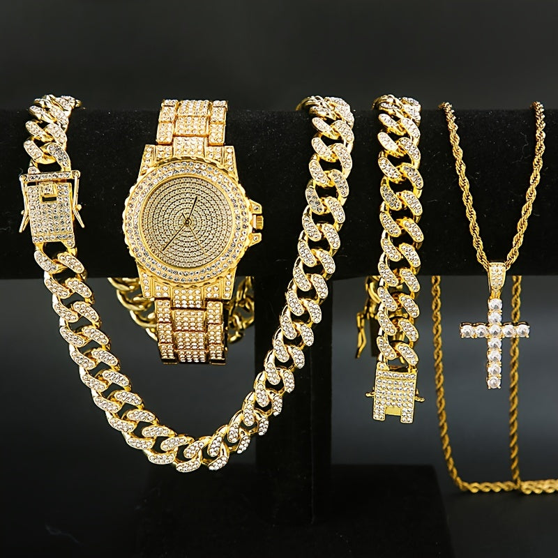 5-Piece Luxury Watch & Jewelry Set for Men & Women – Quartz Wristwatch, Cuban Link Necklace, Bracelet, Ring & Cross Pendant, Perfect Christmas Gift in Gold & Silver