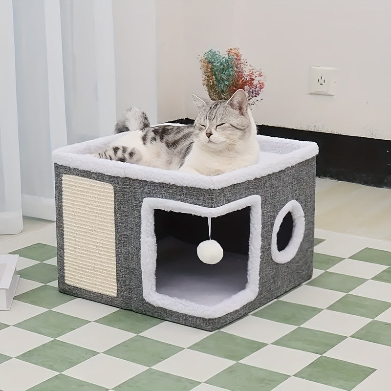 Multi-Layer Cat House with 2-Tier Bed, Toy Tunnel, Foldable Scratching Post & Cozy Mat – All-Season Indoor Cat Condo with Plush Hanging Ball, Nylon Frame & Canvas, Foldable Design