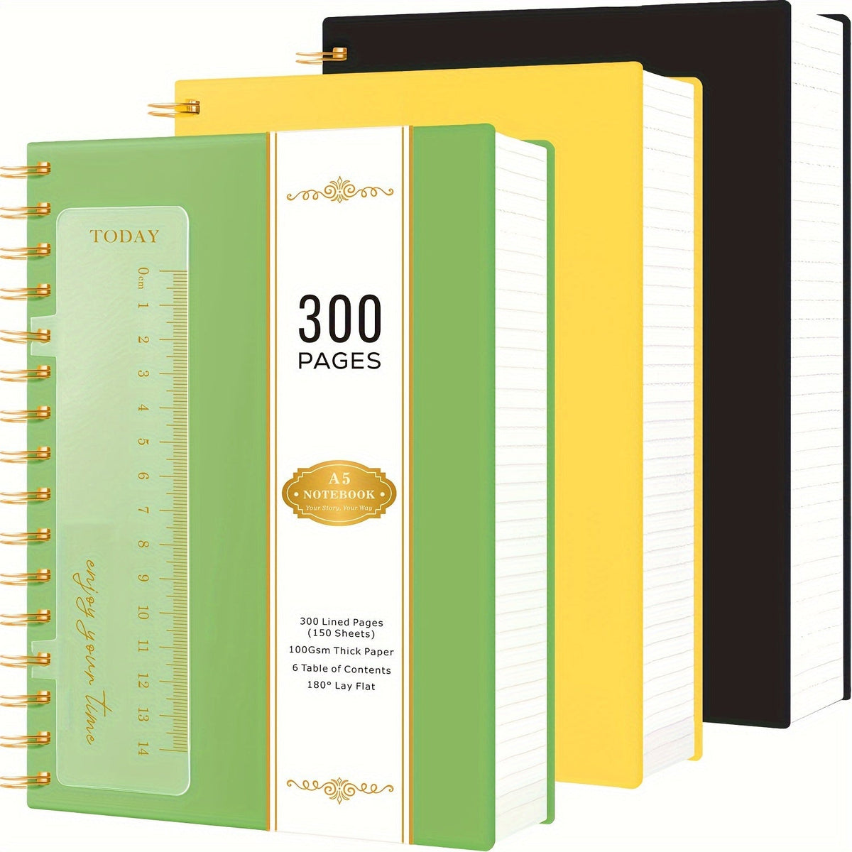 Spiral Notebook 3 Pack A5 Hardcover College Ruled Journal Set, 300 Pages 100GSM Thick Paper, PVC Cover Notepad for Women Girls Students, 5.7" x 8.4" with Ruler