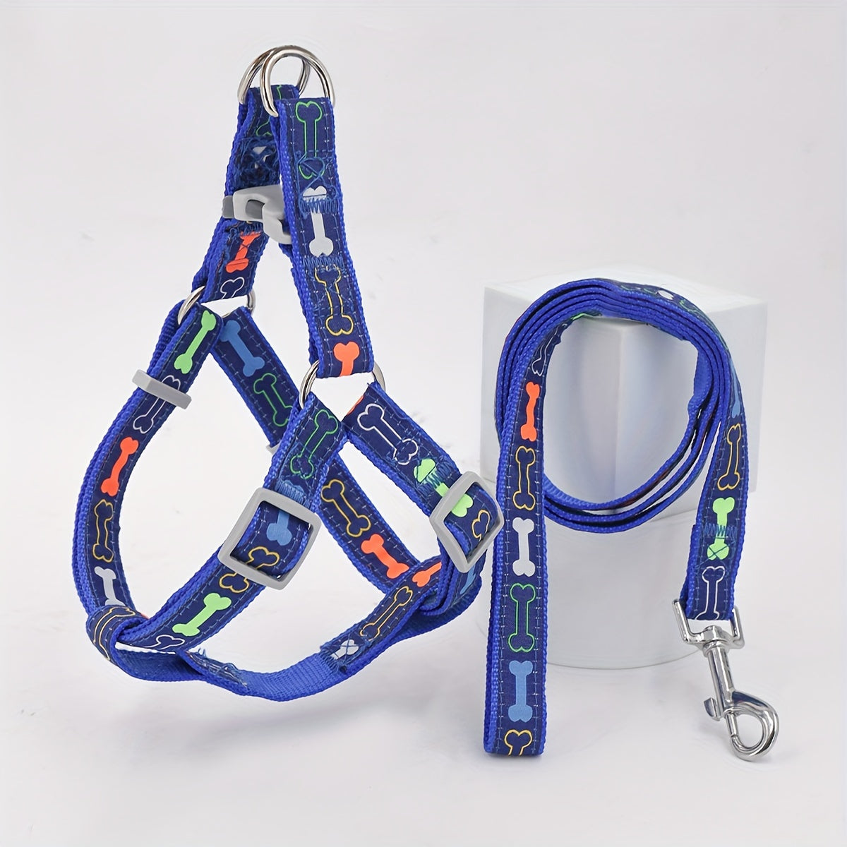 Dog Harness and Leash Set with Bone Pattern - No Pull Triangle Chest Back Vest Harness for Small Medium Large Dogs, Indoor Outdoor Walking, Pink Black Blue Grey, S M L