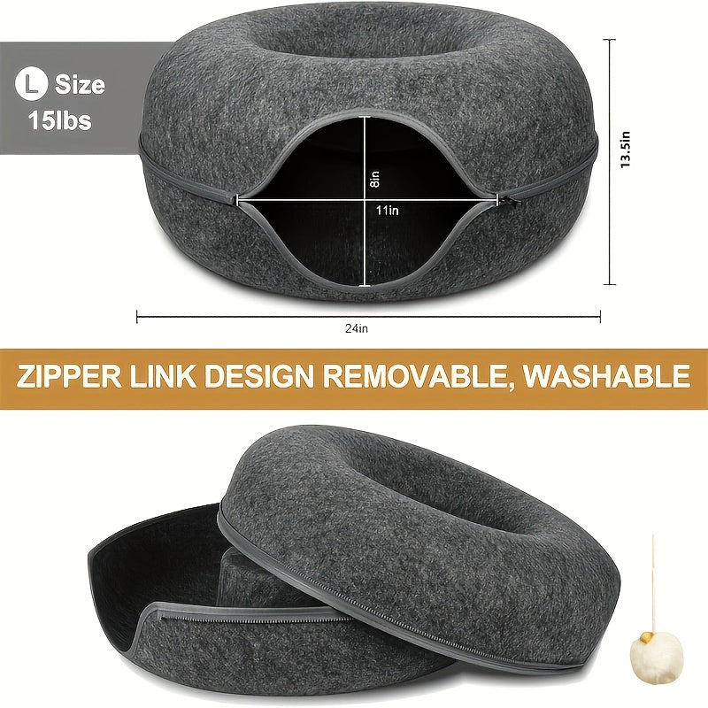 Cat Tunnel Bed Doughnut Cat Cave with Hairball Toys - Indoor Cat Hideout Nest Hole Year-Round - Cozy Donut Cat Sleeping Bed Tunnel for Cats Kittens - Available in 20 & 24 Inch Dark Gray Light Gray