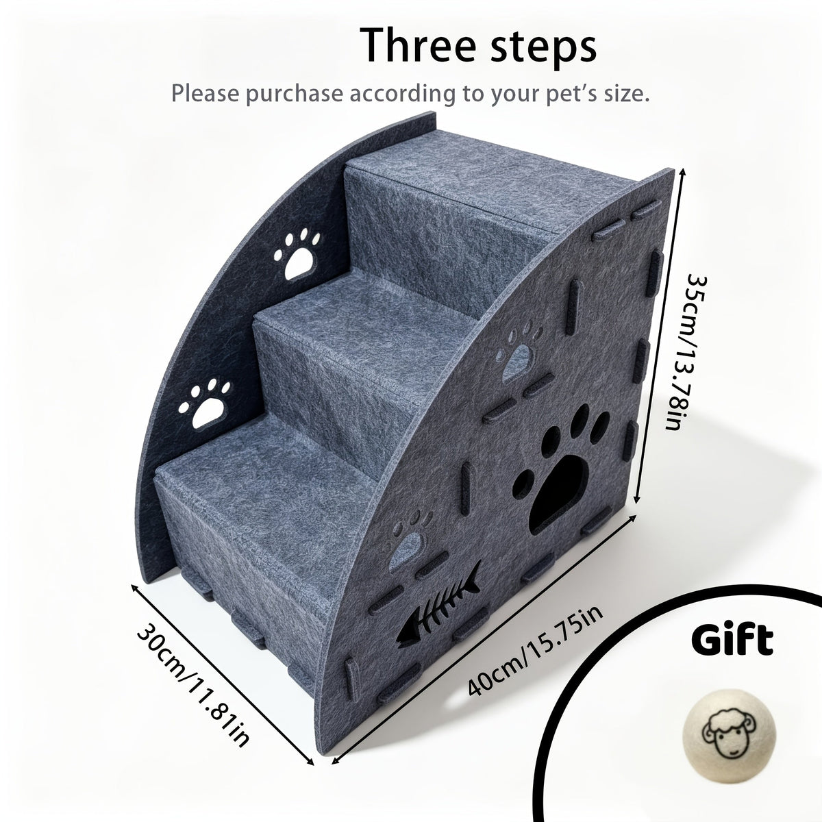 Felt Pet Stair Ramp with Cat Teaser Toy Bundle - Gentle Slope Non-Slip Cat Steps for Sofa & Bed Access, 3-in-1 Multifunctional Design, 3 Sizes (Small/Medium/Large) for Cats & Small Dogs